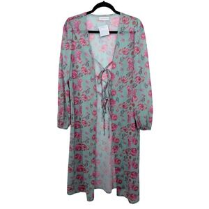 Hazel & Olive Floral Kimono Duster Women One Size Green Pink NEW Sheer Tie Front